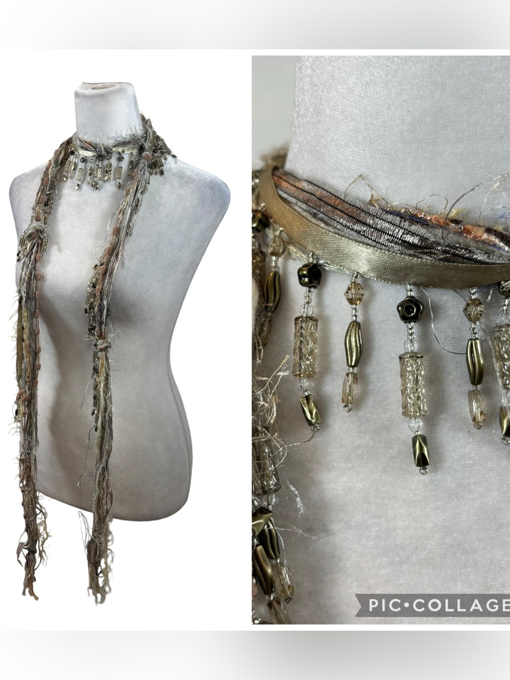 Unique Boho Bead, Ribbon and Mixed Material Thin Scarf - Picture 1 of 8